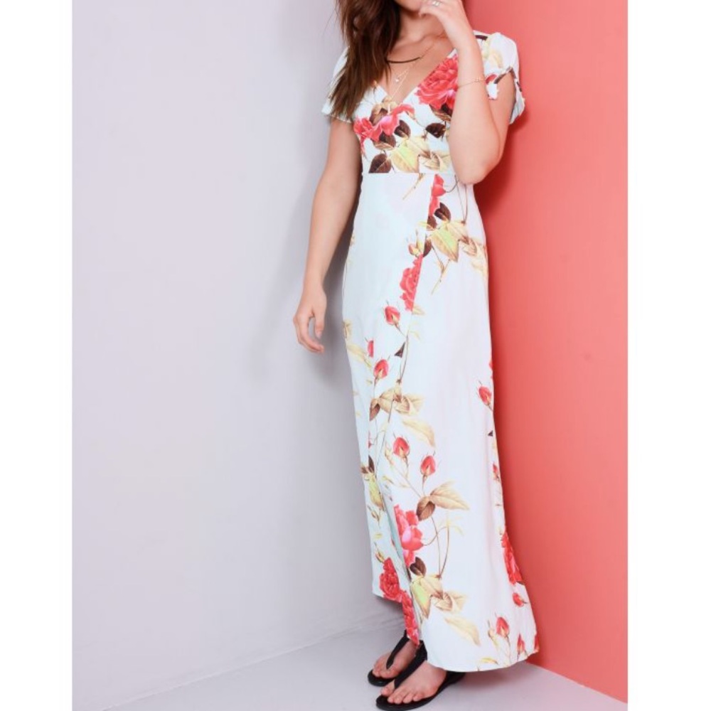 🎉Mint Green Floral Print Deep V Maxi Dress!